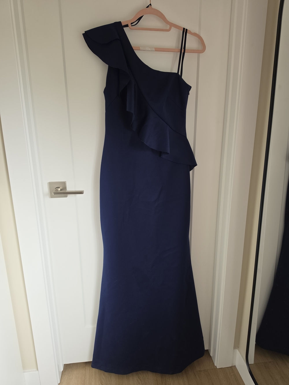 Eliza J Navy One-Shoulder Ruffle Evening Gown